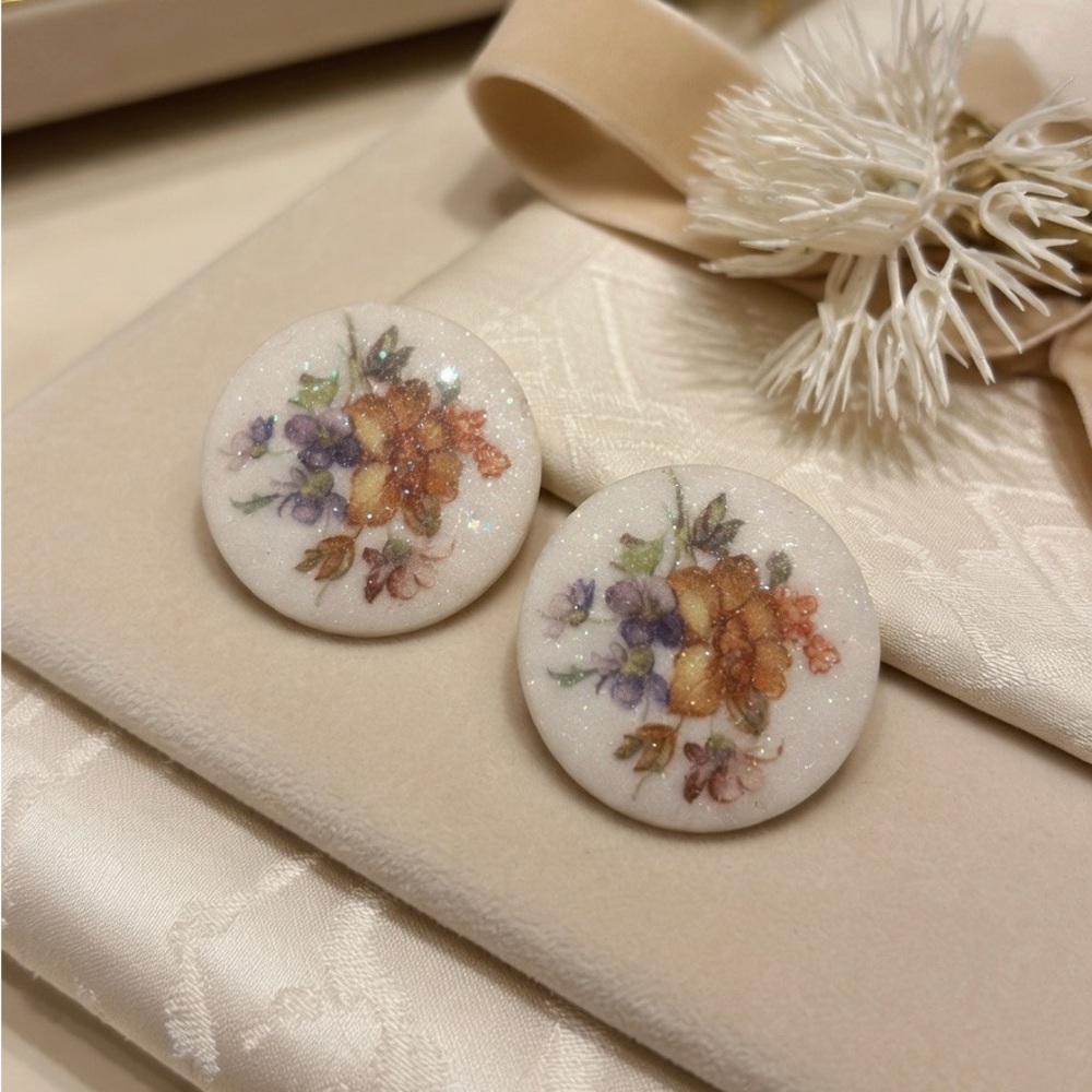 Vintage Floral Porcelain Clip On Earrings Hand Painted Flower Bouquet White Disc